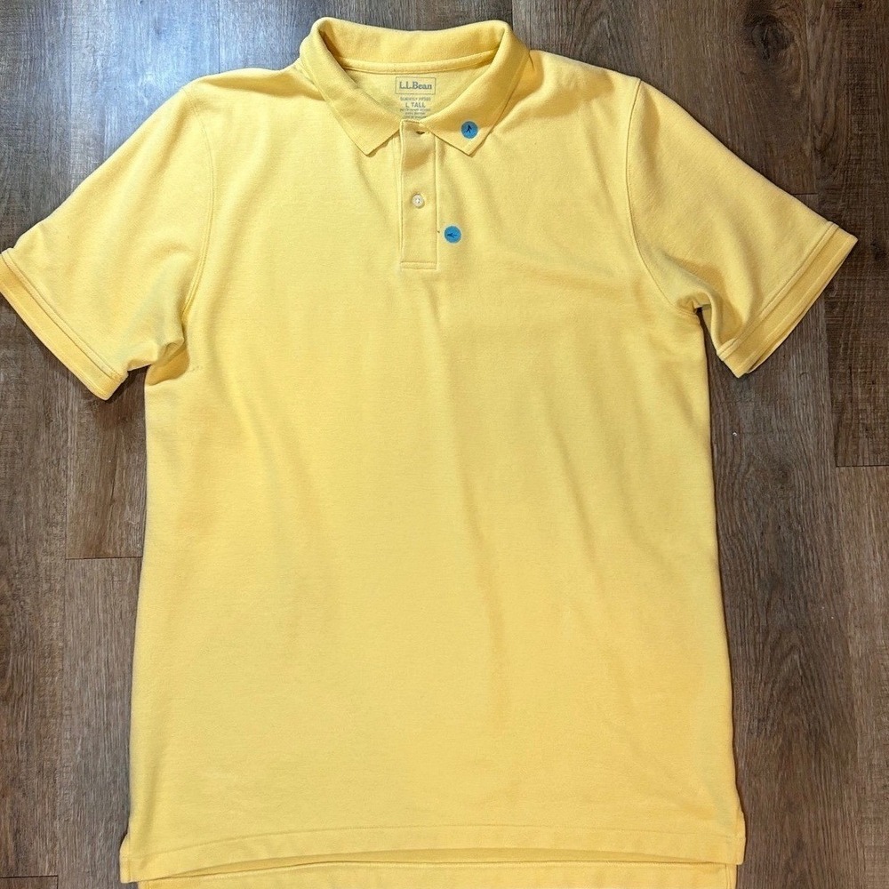 LL Bean Mens Yellow Cotton Pique Short Sleeve Polo Shirt L Tall Slightly Fitted